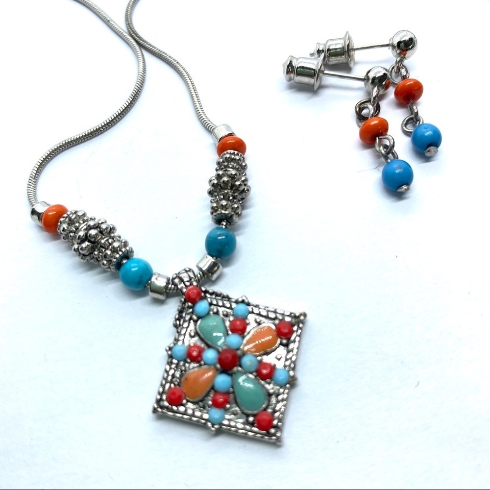 Silver Tone Necklace and Earrings Faux Turqouise